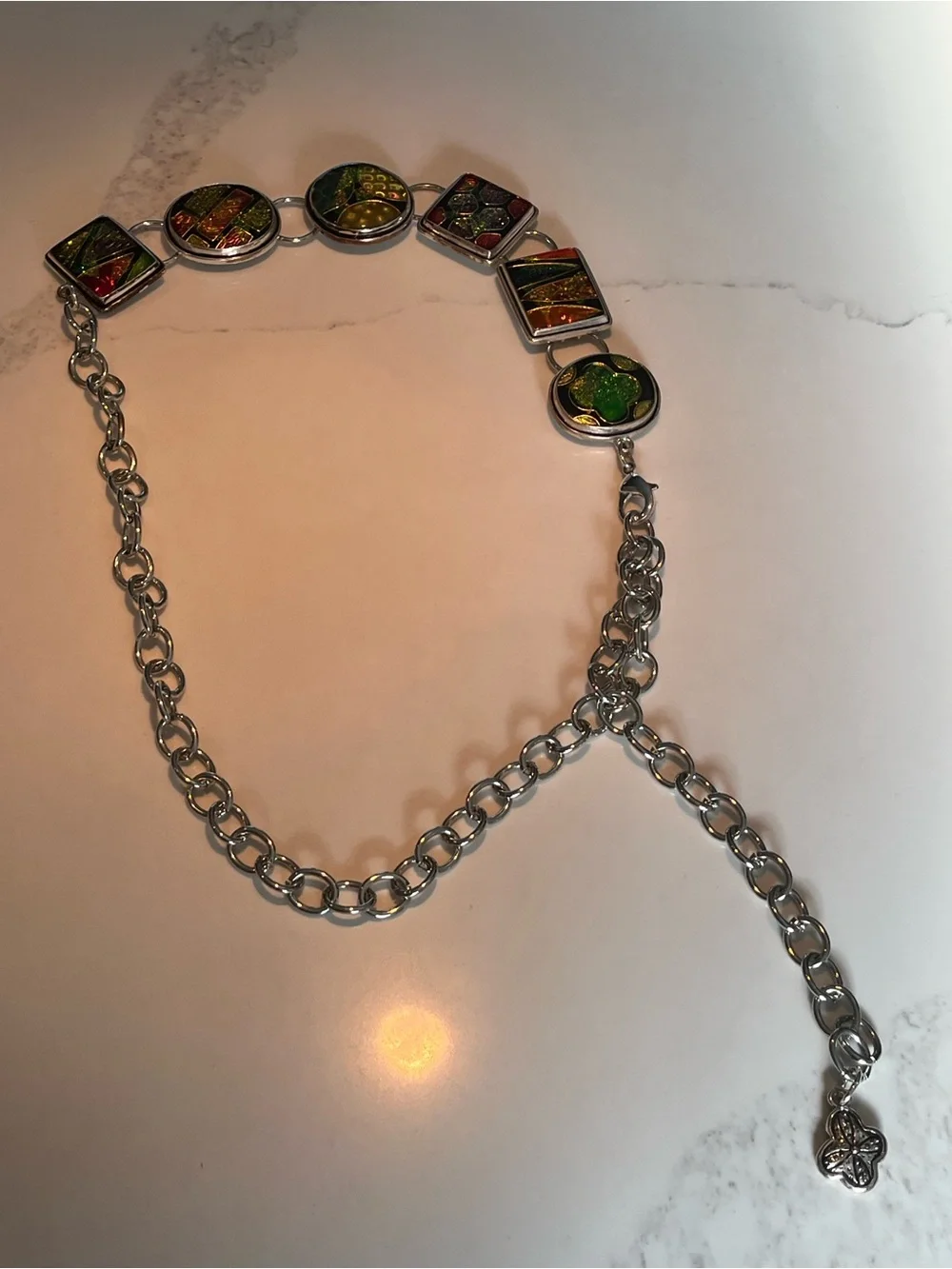 Vintage chicos dichroic art glass chain belt.  Silver tone chain.